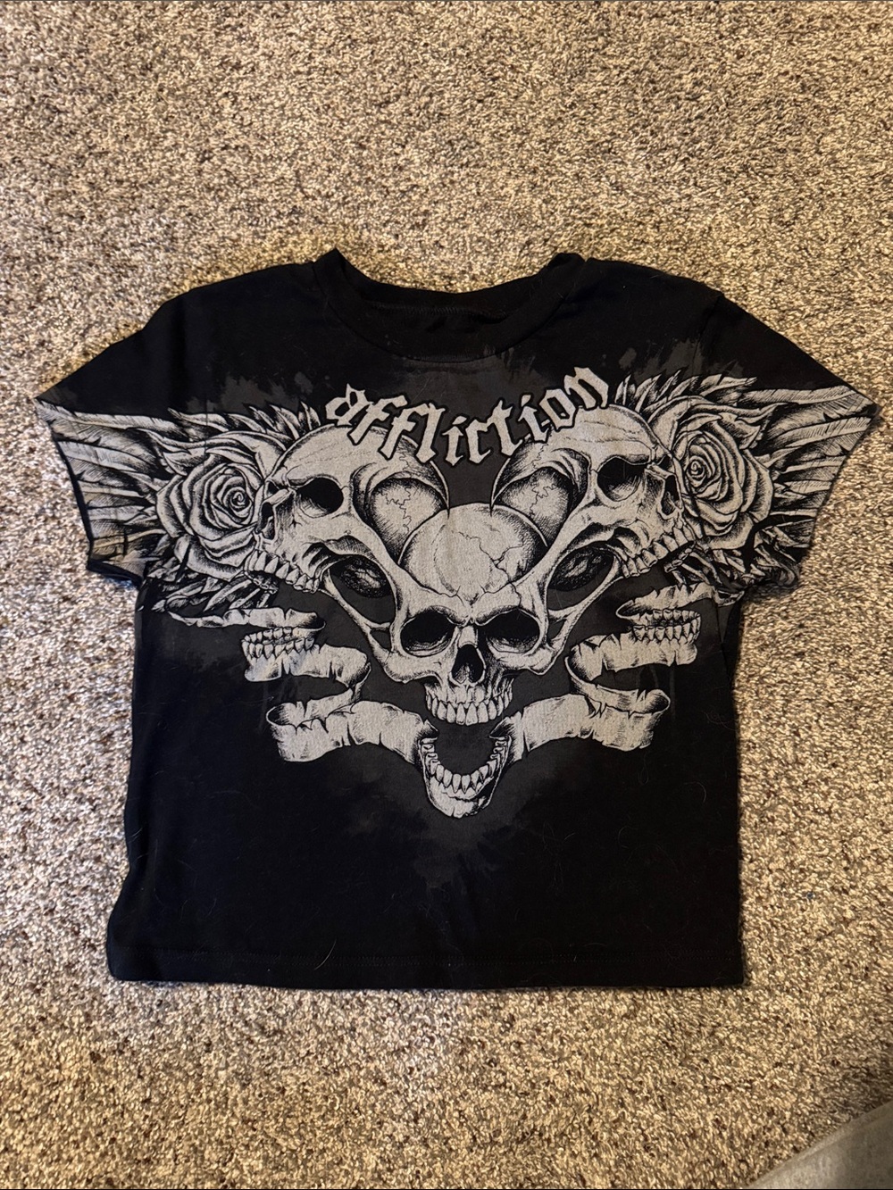 Affliction Black Tee with Gray Skull & Rose Artwork
